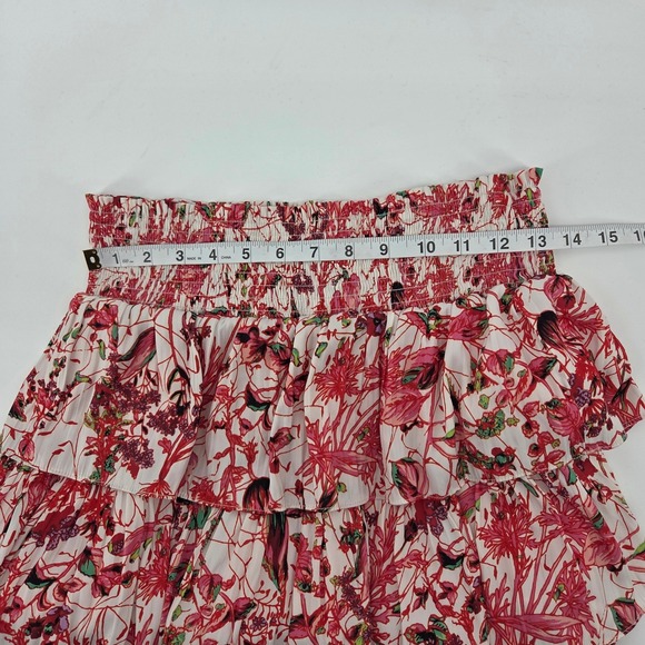 Anthropologie Tiered Ruffle Mini Skirt Large Red Floral Smocked Boho Cottagecore - Picture 5 of 6